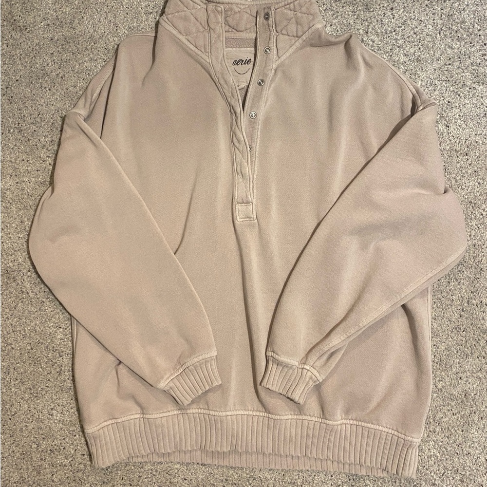 Aerie Taupe Quarter-Snap Pullover Sweater